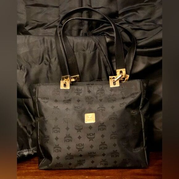 MCM Black and Gold Monogram Shoulder Bag with Top Zipper Closure Made In Germany - Picture 1 of 17